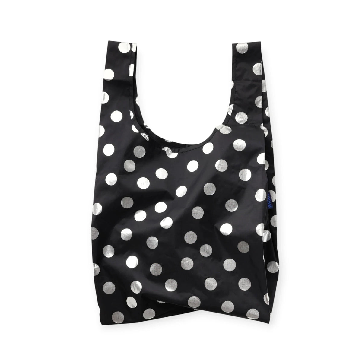 Baggu standard tote bag in black with silver metallic polka dots