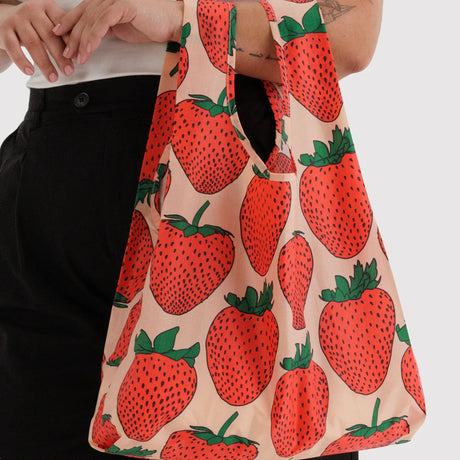 Baggu standard tote bag with strawberry print on cream background
