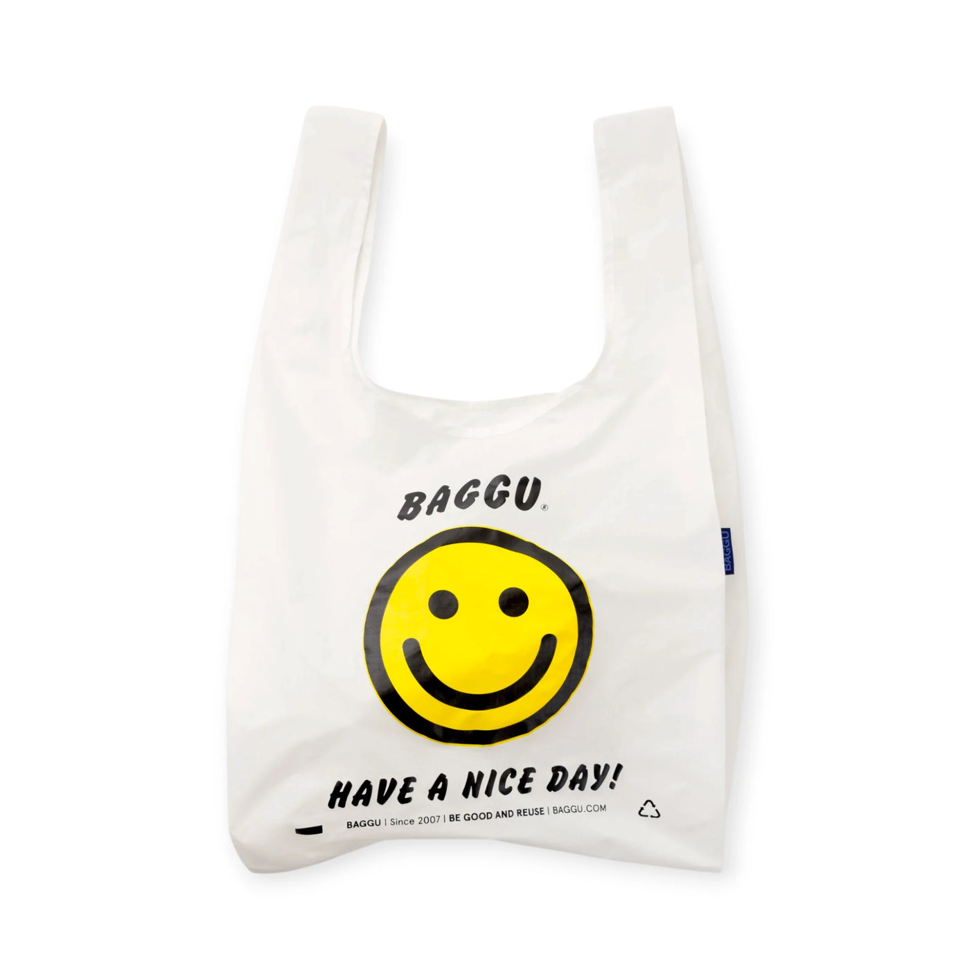 White Baggu tote bag with smiley face, 'Have a nice day', and small logo detail