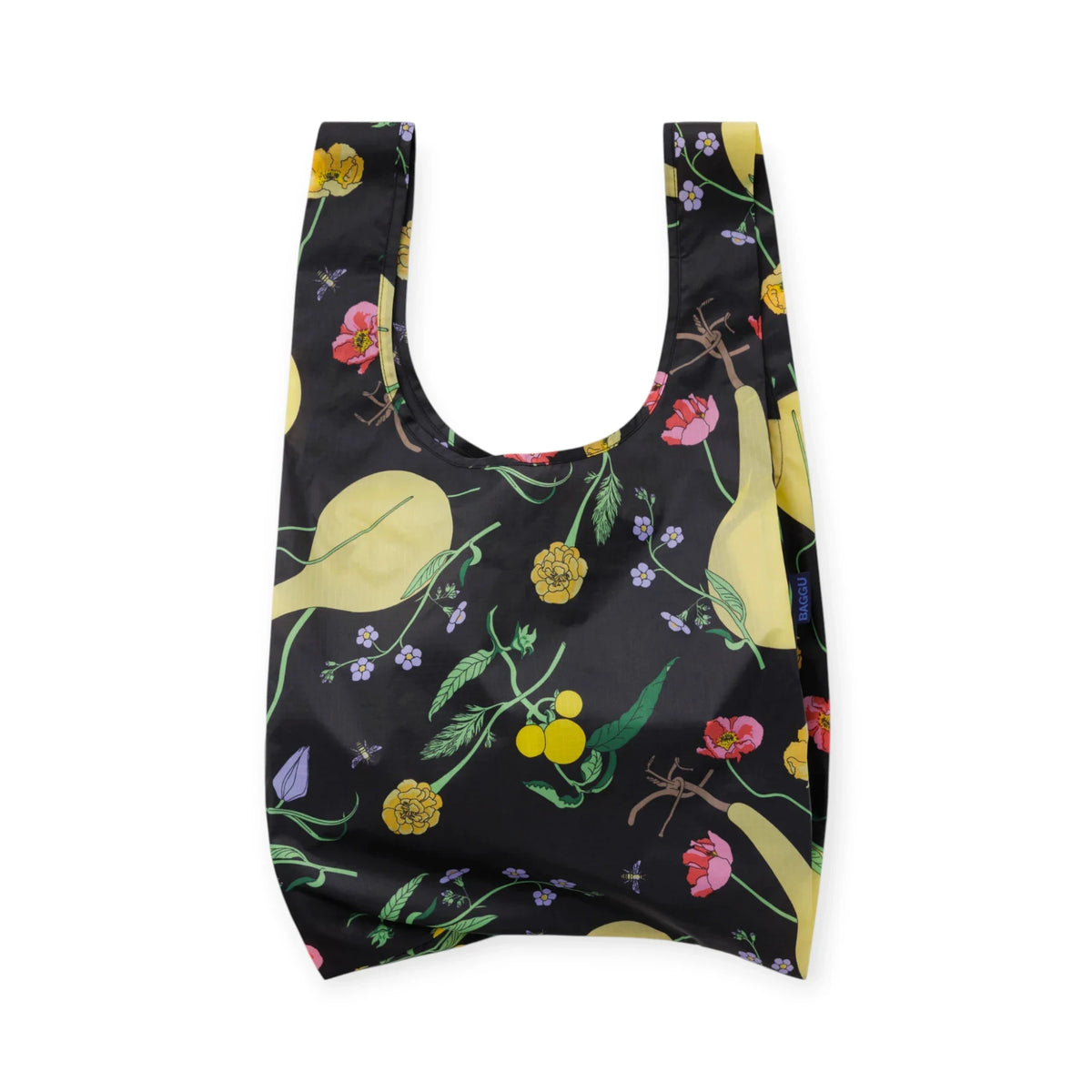 Black botanical print reusable tote bag with U-shaped opening