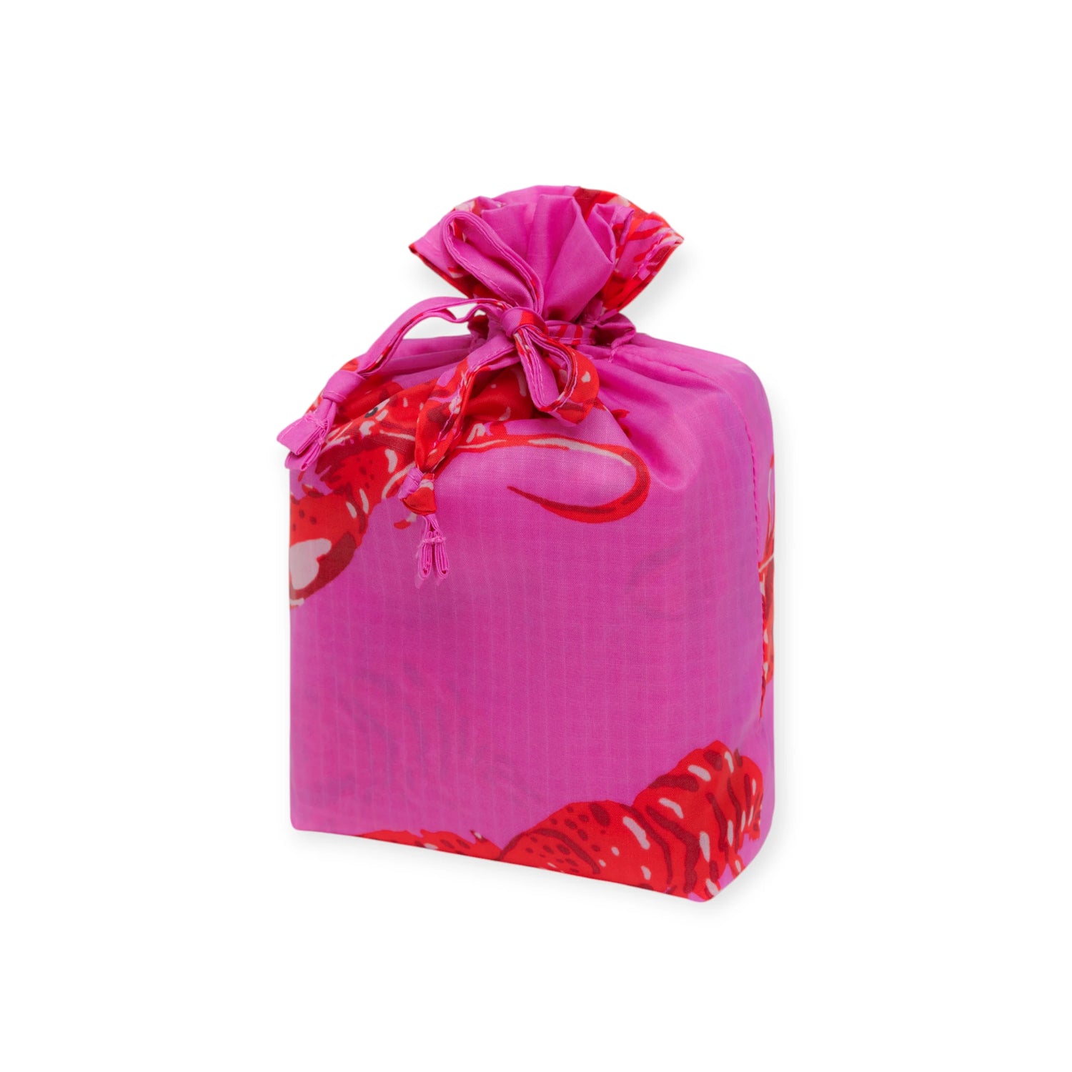 A set of 3 Baggu Standard gift bags—Sea Creatures design—feature pink fabric with red and white patterns, matching drawstring ties, and a sustainable style, shown against a white background.