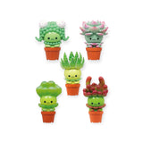 Discover which unique character you'll unveil from the mysterious Succulent Friends Blind Box by Kitan Club, featuring five smiling cartoon succulent figures in pots, intriguingly arranged in two rows on a white background.