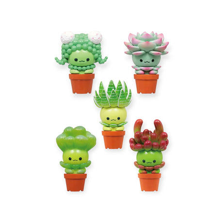 Discover which unique character you'll unveil from the mysterious Succulent Friends Blind Box by Kitan Club, featuring five smiling cartoon succulent figures in pots, intriguingly arranged in two rows on a white background.