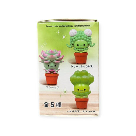 Uncover the magic of Kitan Club's Succulent Friends Blind Box, featuring three adorable plant characters in small pots. With vibrant green backgrounds and bilingual Japanese and English text, this delightful mystery awaits to surprise you!.