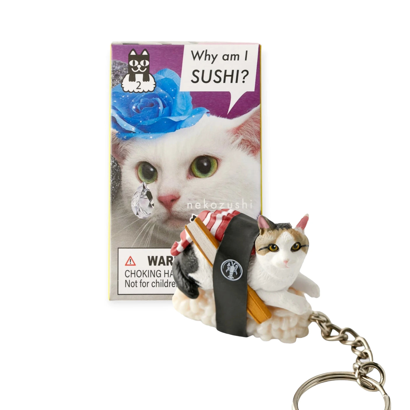 The Mofusand Sushi Cat Keychain Blind Box - Vol.2 features an adorable cat figurine in sushi attire, accompanied by a box labeled "Why am I SUSHI?" with a cute cat donning a blue flower hat, making it an intriguing blind box collectible.