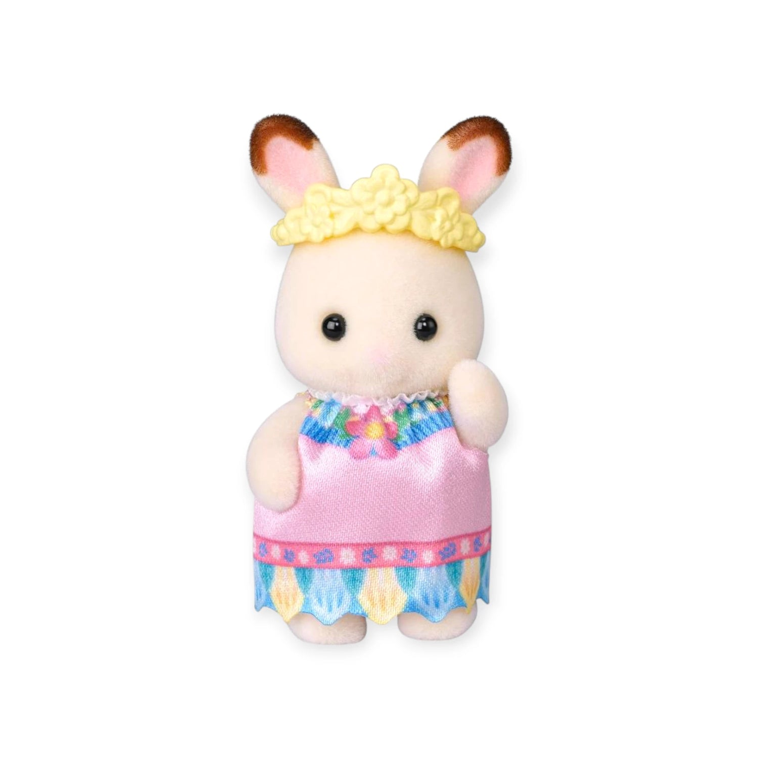 White bunny figurine with pink-blue dress and yellow flower headband
