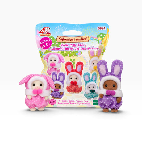 Sylvanian Families baby bunny costume blind bag with three plush figures in colorful animal suits