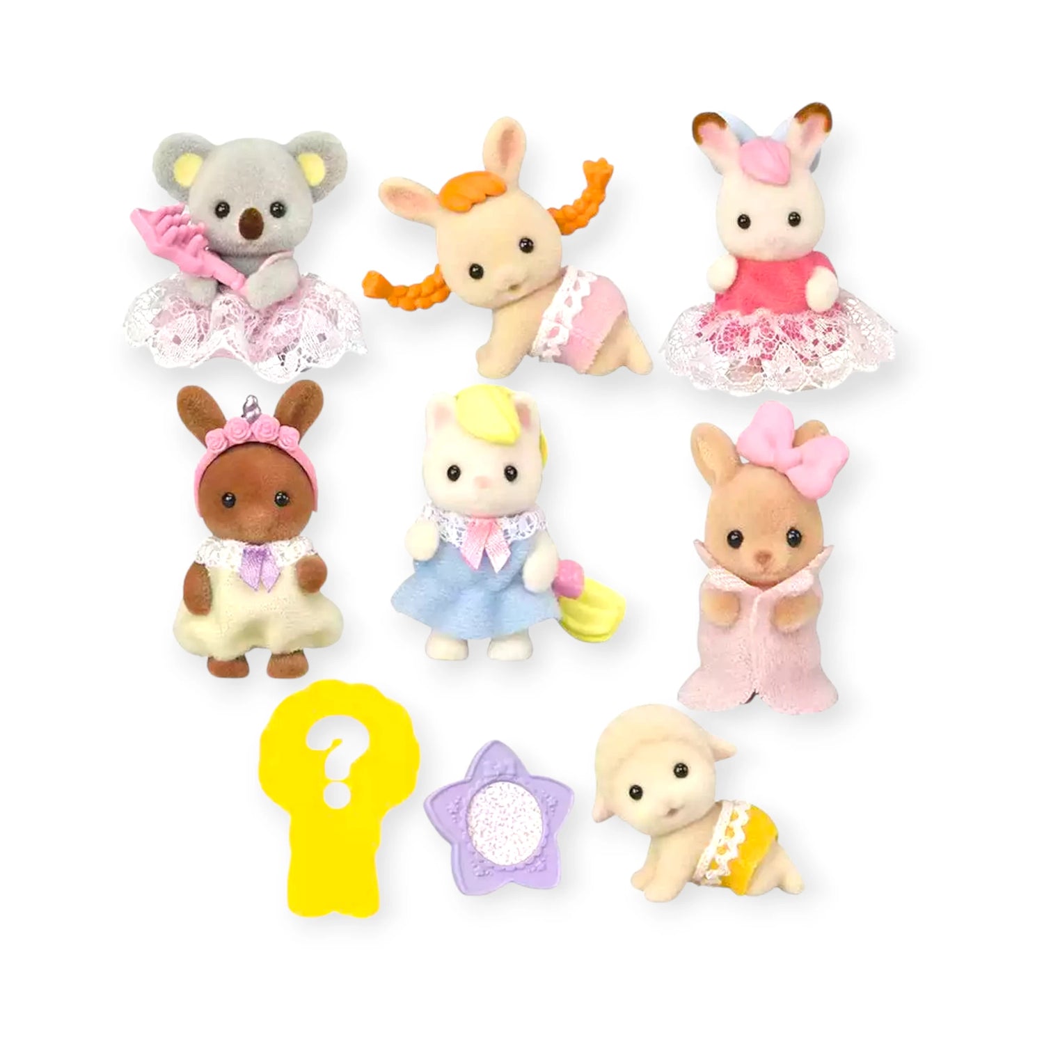 Eight Sylvanian Families Blind Bag - Baby Fun Hair figurines in colorful outfits are lined up, with a yellow question mark and a purple star accessory suggesting there may be a mystery baby hidden among them.