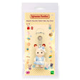 Rabbit baby keychain in package, white plush with blue dress and bow on silver chain