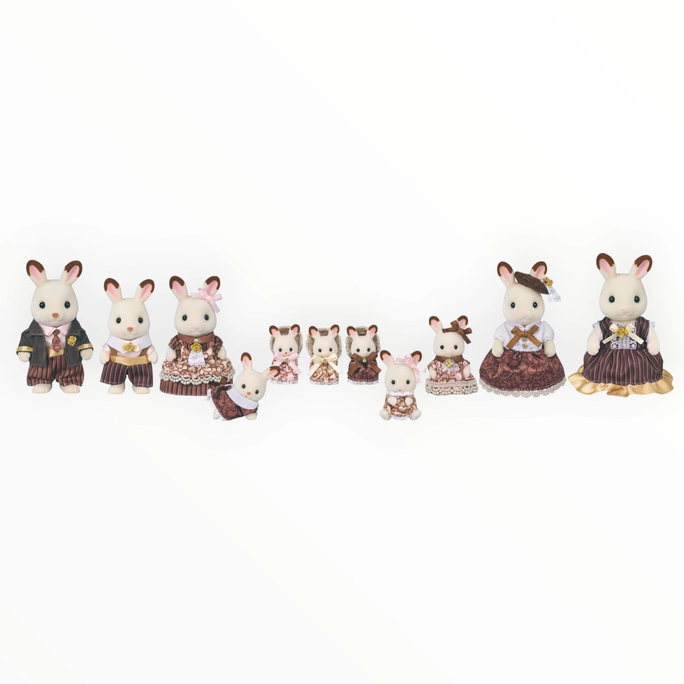 Sylvanian Families - Chocolate Rabbit Family Anniversary Set showing twelve detailed plush rabbits in vintage style clothing