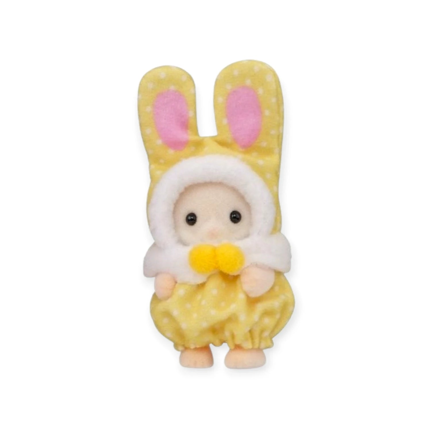 Yellow baby bunny plush costume with pink inner ears and fluffy white trim