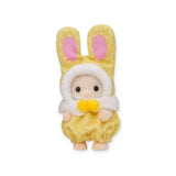 Yellow baby bunny plush costume with pink inner ears and fluffy white trim