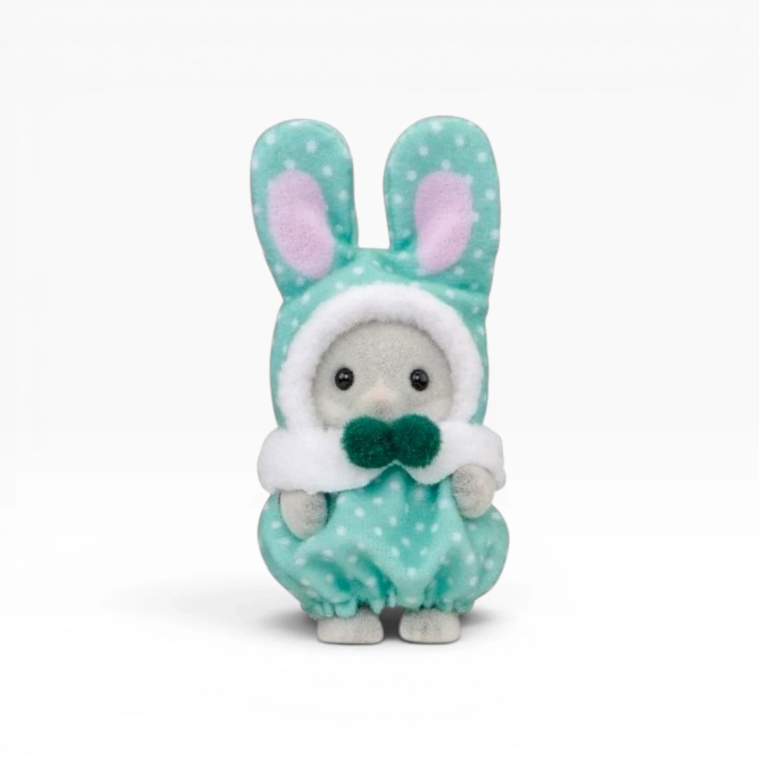Teal baby bunny plush costume with green nose and white fur trim