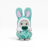 Teal baby bunny plush costume with green nose and white fur trim
