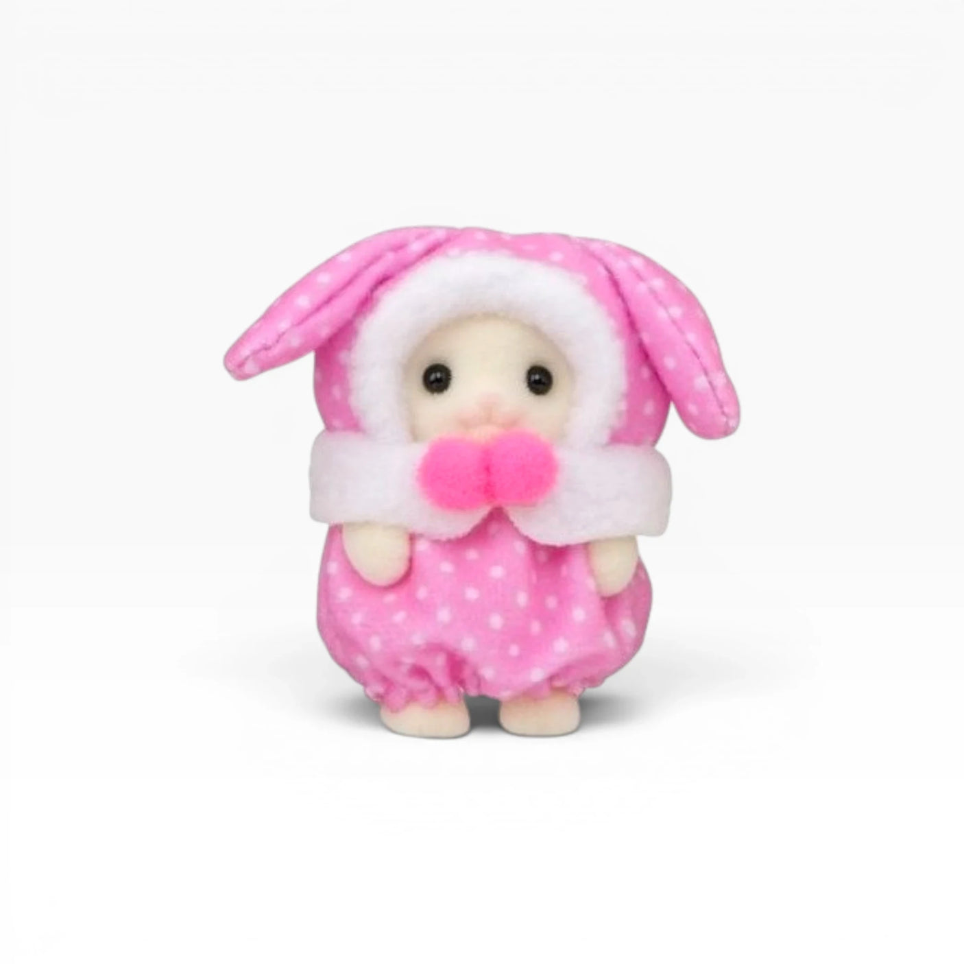 Pink baby bunny plush costume with long pink ears and white fluffy collar