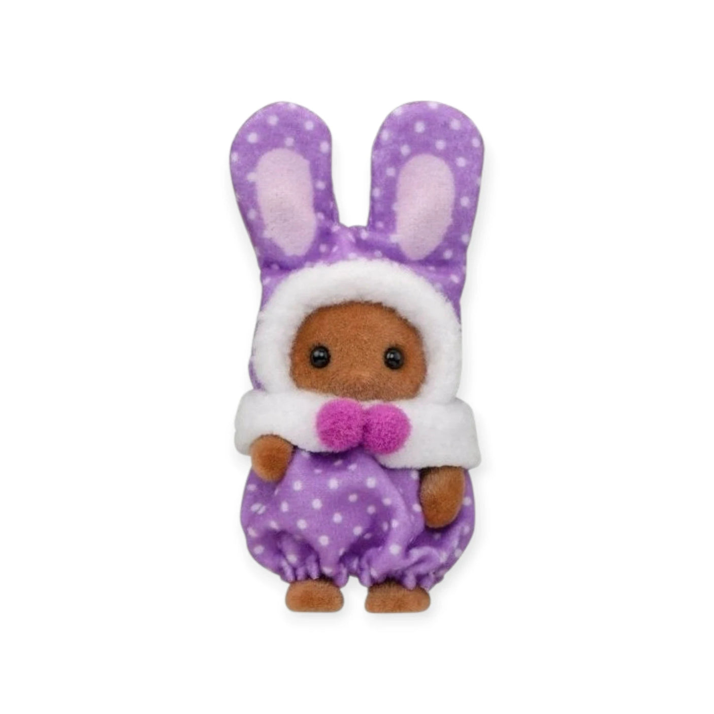 Purple baby bunny plush costume with brown face and white fluffy collar