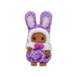 Purple baby bunny plush costume with brown face and white fluffy collar