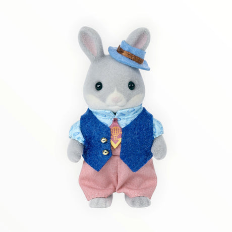 Sylvanian Families - Cottontail Rabbit Family Celebration Set rabbit figurine in blue vest, pink pants, and small blue hat accessory