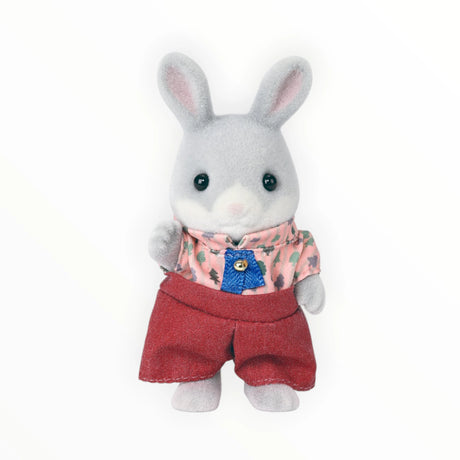 Sylvanian Families - Cottontail Rabbit Family Celebration Set gray rabbit figurine in patterned shirt and red pants isolated on white background
