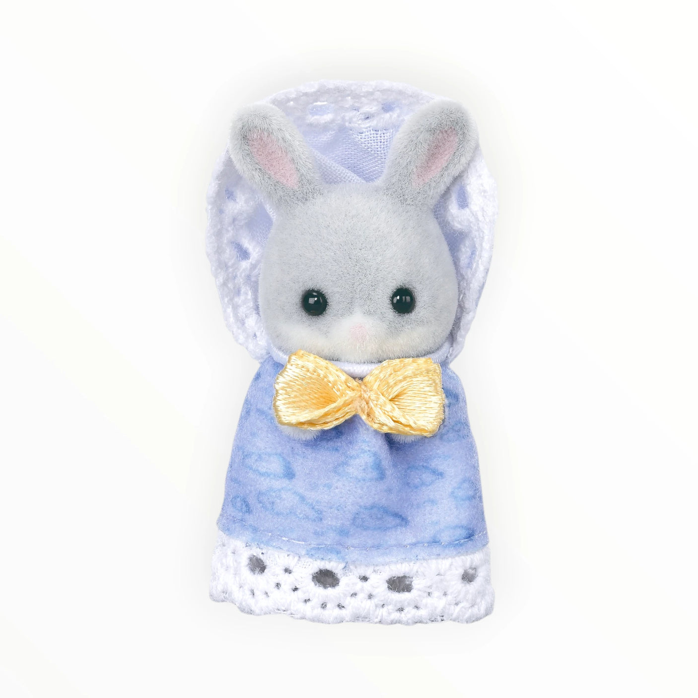 Sylvanian Families - Cottontail Rabbit Family Celebration Set gray rabbit figurine in blue cloak with lace trim and yellow bow tie accessory