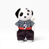 Plush dalmatian doll with black-and-white spots, houndstooth shirt, red waist detail