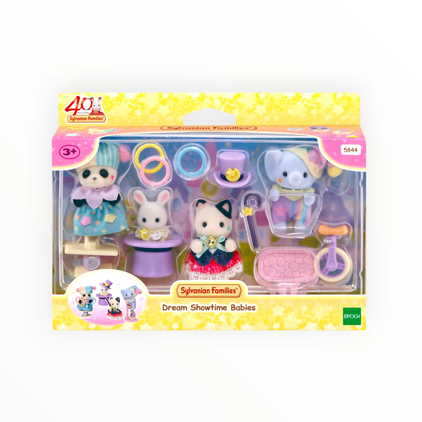 Sylvanian Families - Dream Showtime Babies featuring four plush animal babies with showtime accessories in yellow packaging