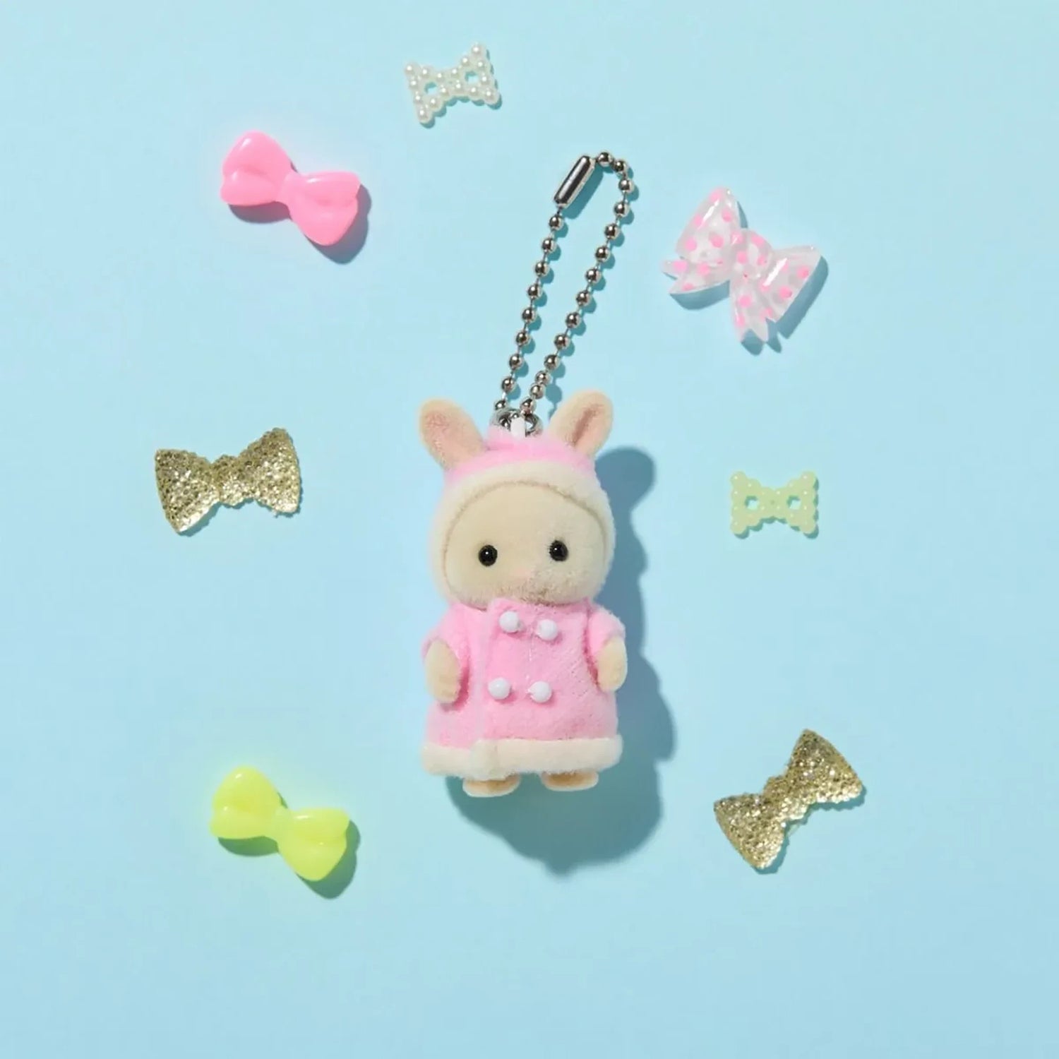 Pink parka rabbit baby plush keychain with silver bead chain and bow charms