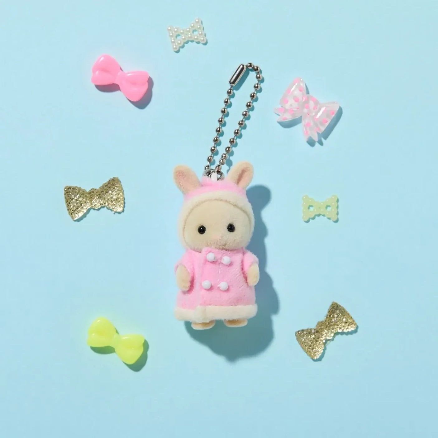 Pink parka rabbit baby plush keychain with silver bead chain and bow charms