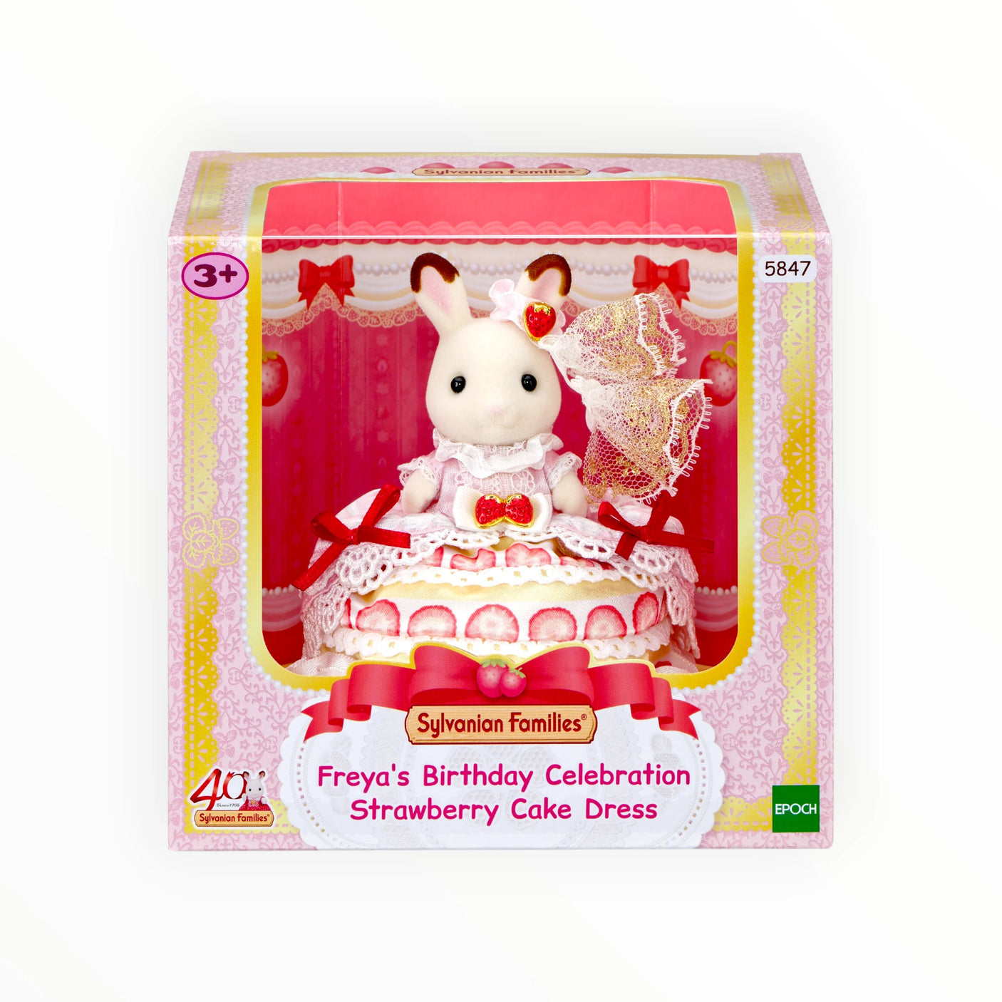 Sylvanian Families - Freya's Bday Strawberry Cake Dress with plush rabbit in detailed cake-themed dress in decorative packaging