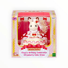 Sylvanian Families - Freya's Bday Strawberry Cake Dress with plush rabbit in detailed cake-themed dress in decorative packaging