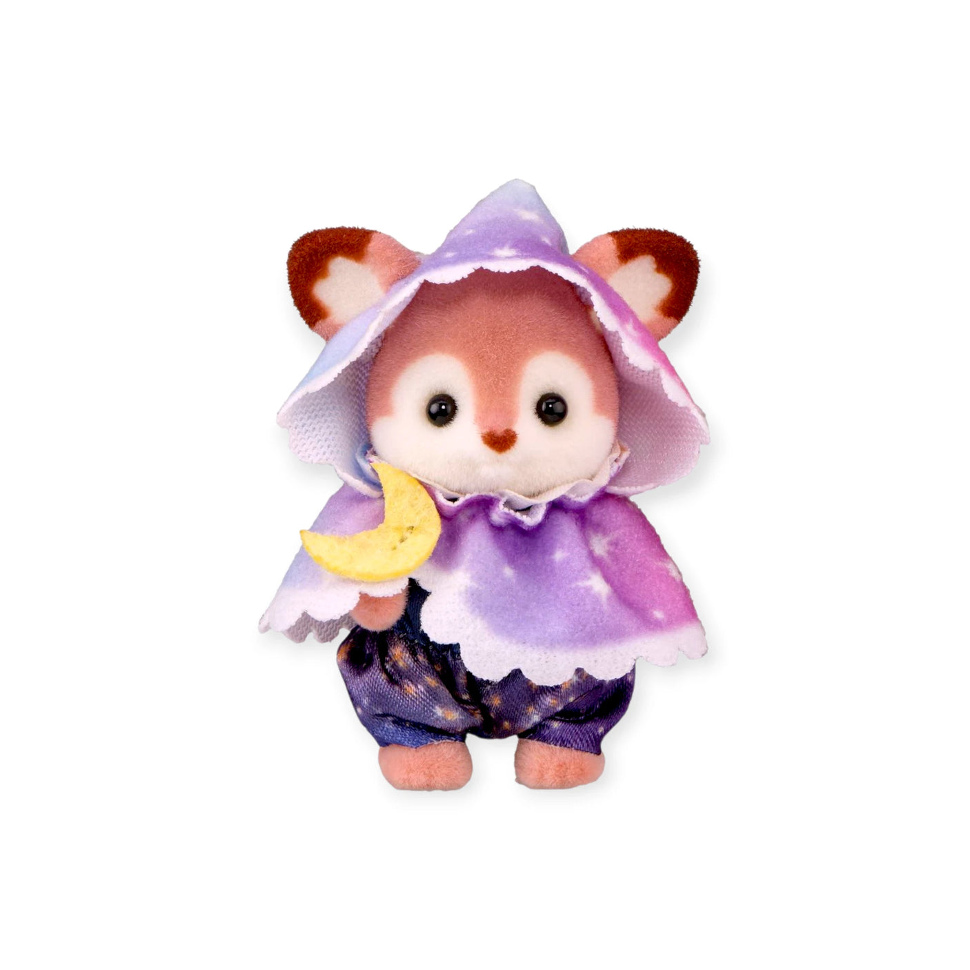 Purple hooded kitten figurine with white ears and star ribbon