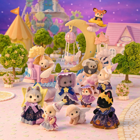 Crowd of animal figurines in dark and purple starry dresses and cloaks
