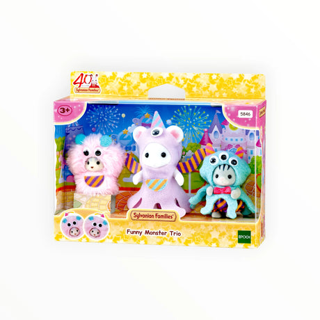 Sylvanian Families - Funny Monster Trio featuring three plush figures in colorful monster costumes with moving goggle eyes in packaging
