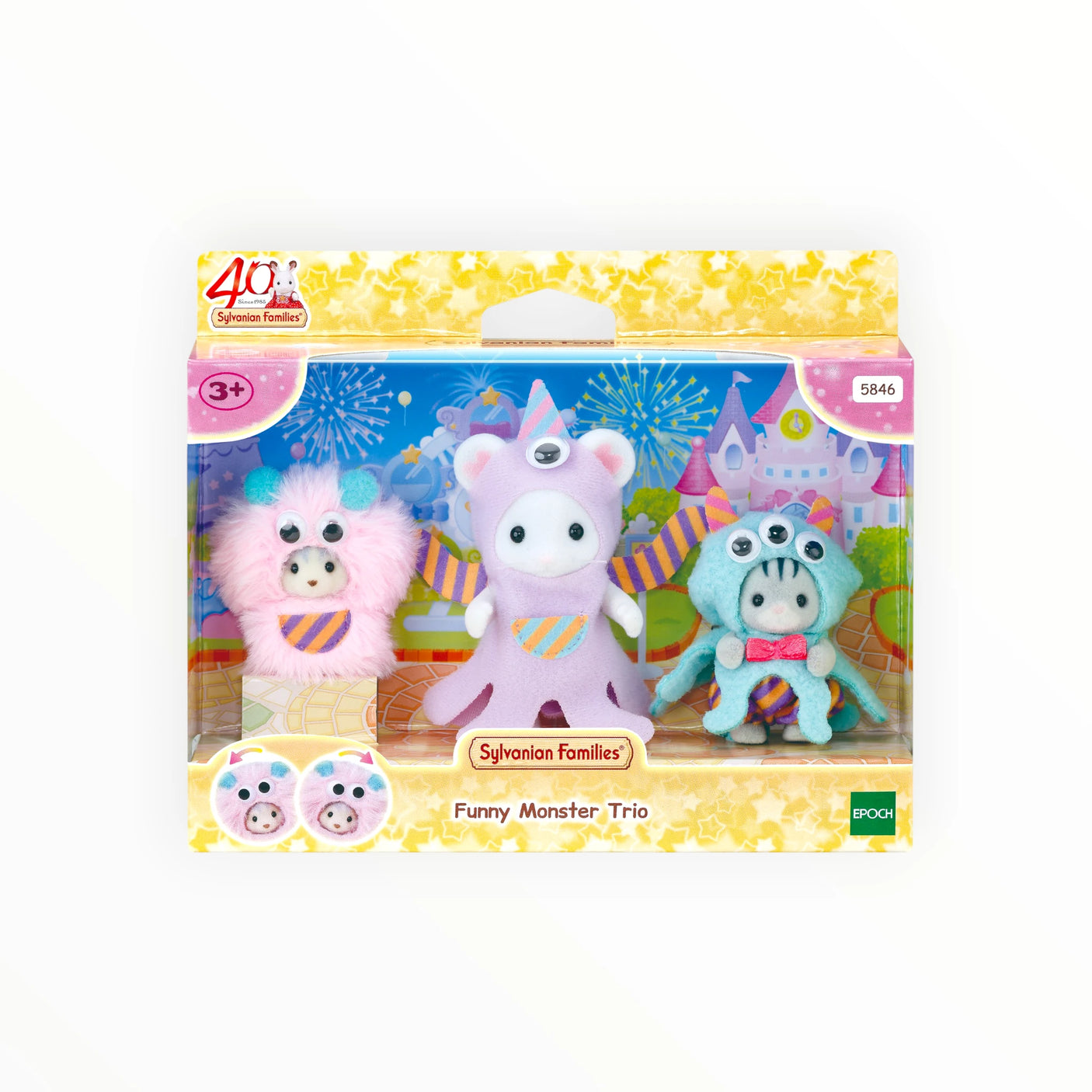 Sylvanian Families - Funny Monster Trio set featuring three plush characters in colorful monster costumes with moving goggle eyes