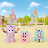 Sylvanian Families - Funny Monster Trio featuring three plush figures in colorful monster costumes with moving goggle eyes.
