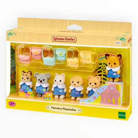 Sylvanian Families - Nursery Playmates with six baby animal figures in blue nursery outfits and pastel-colored bags in playroom setting