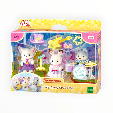 Sylvanian Families - Baby Starry Concert Set with three plush baby characters and colorful musical instruments in packaging