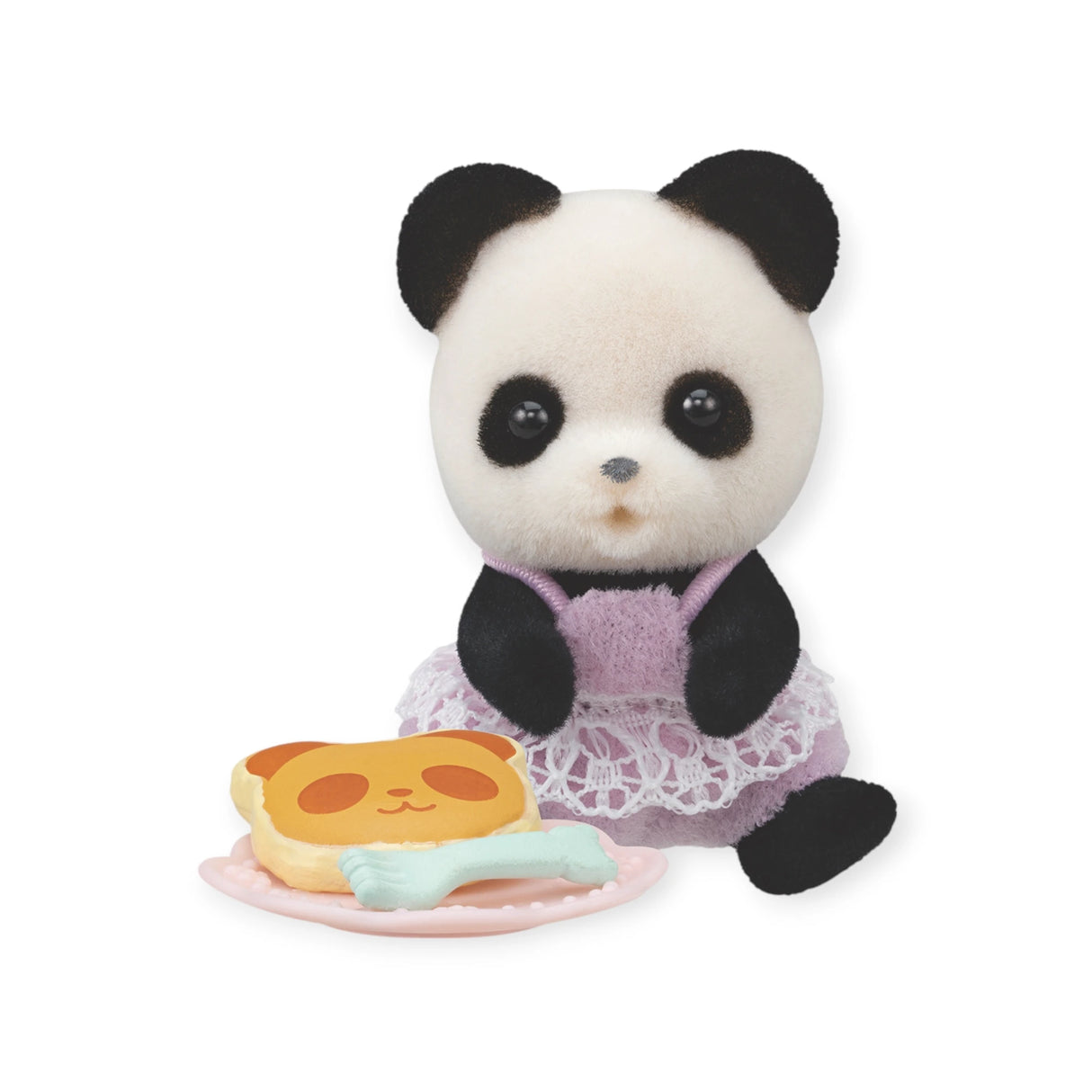 A toy panda in a purple dress holds panda-face toast, similar to the cute items in Sylvanian Families' Baby Treats blind bags.