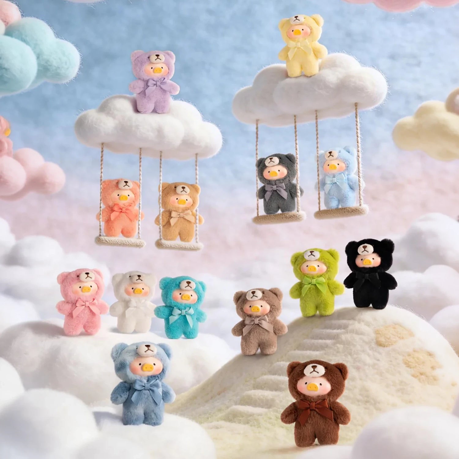 Teddy LuLu - Whispers of Nature Plush Charm - Blind Box showing LuLu The Piggy plushes in various teddy suits on clouds and hills