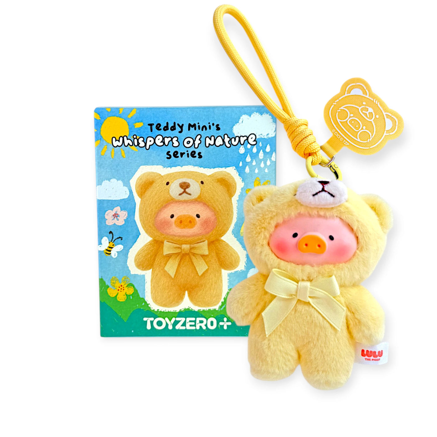 Teddy LuLu - Whispers of Nature Plush Charm - Blind Box showing soft teddy-clad piggy charm with yellow bow by LuLu The Piggy
