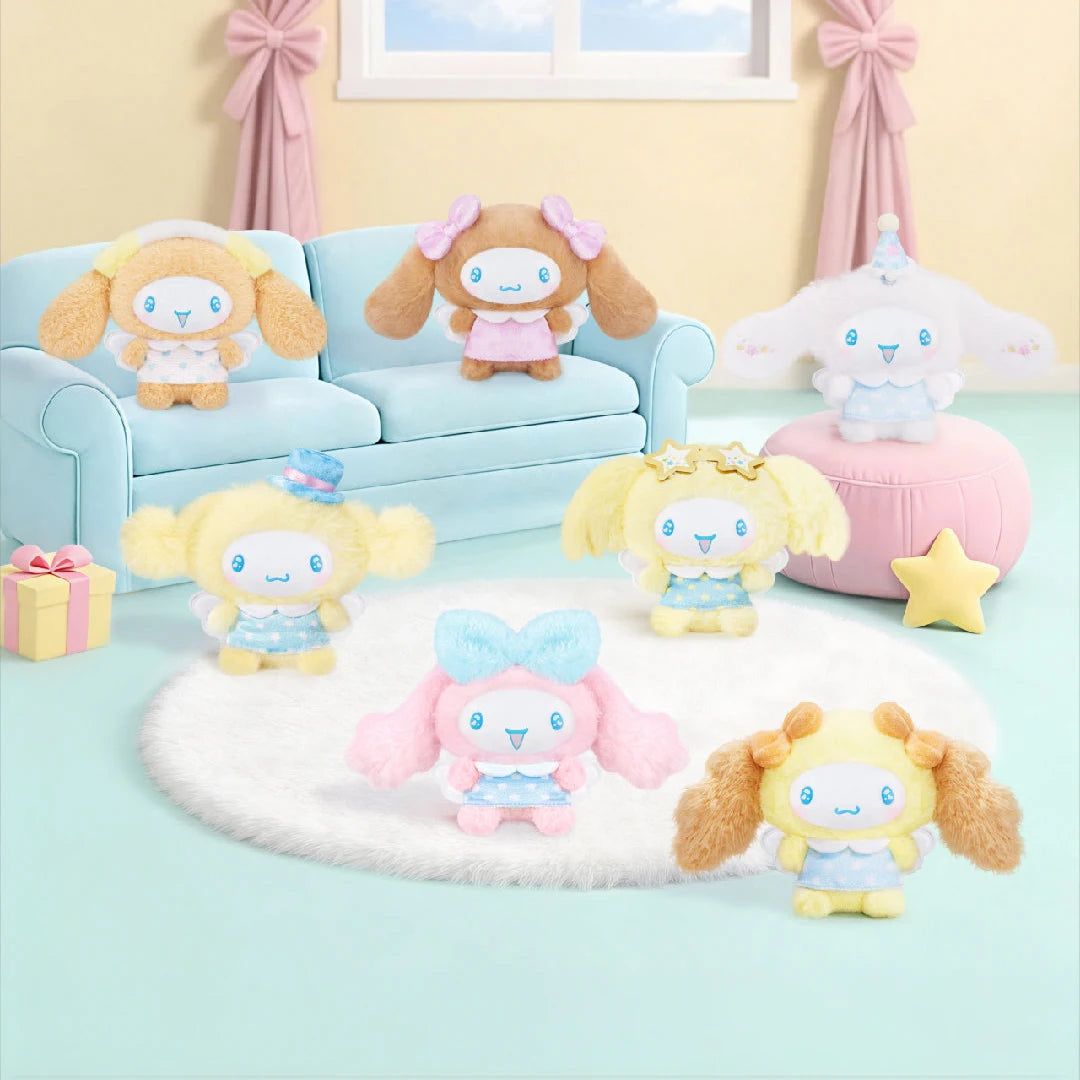 Cute pastel plush character blind box figures on a round white rug