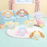 Cute pastel plush character blind box figures on a round white rug