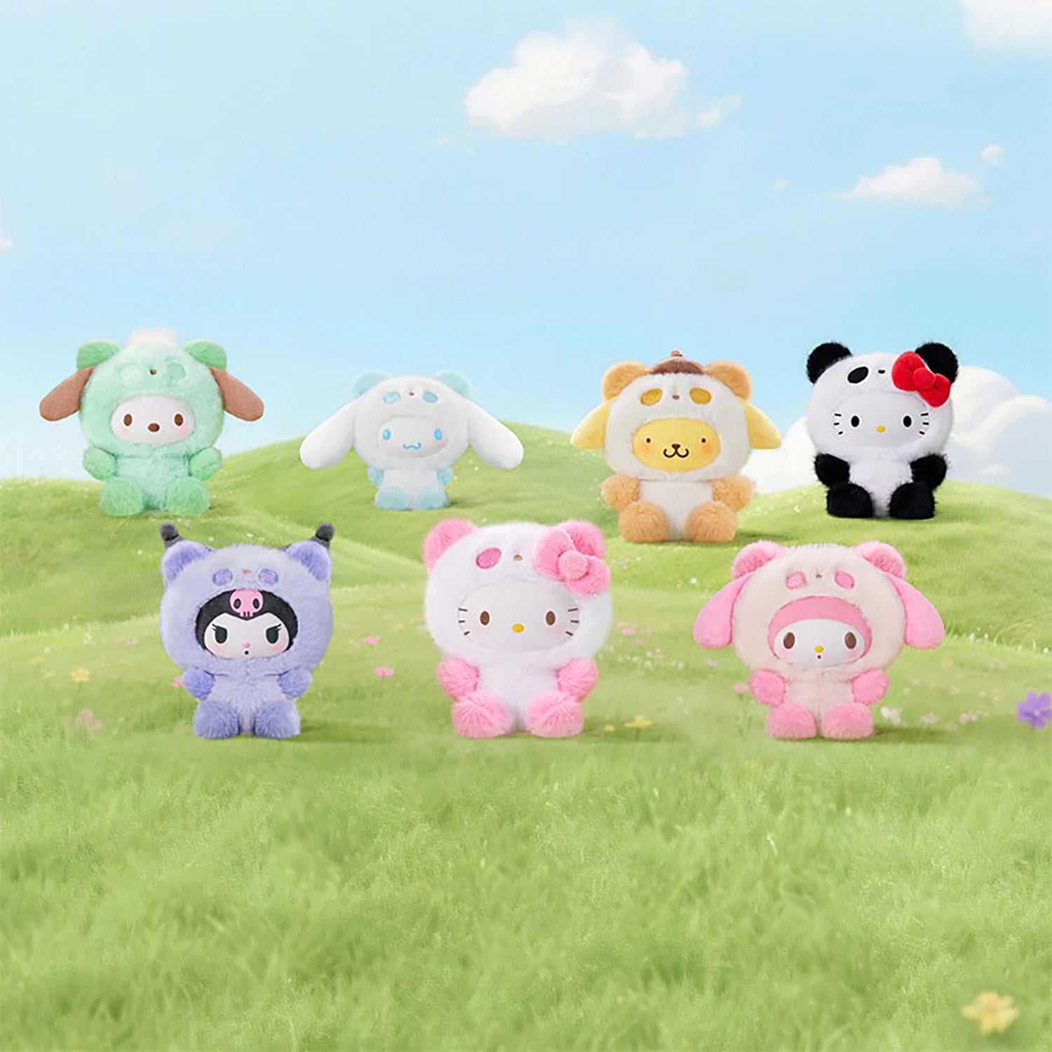 Assorted panda plush pendants set of six, including white, pink, and black styles.