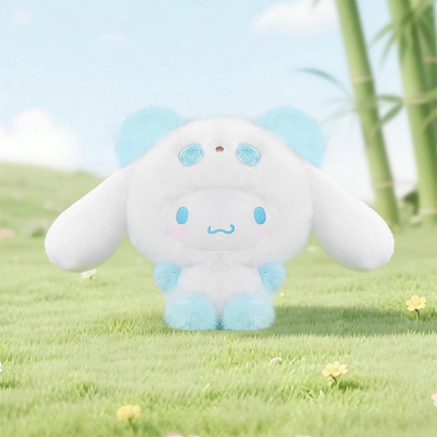White and light blue panda plush pendant with smiling face, soft stuffed toy.