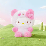 White and pink panda plush pendant with embroidered eyes and blush cheeks, soft toy.