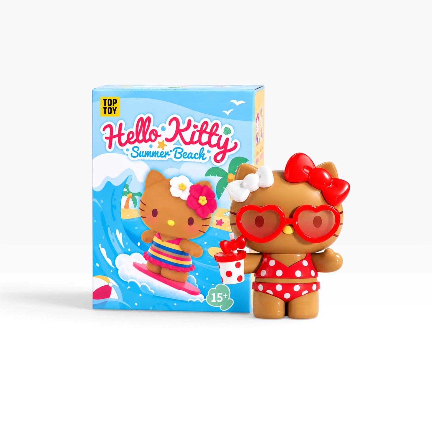 Hello Kitty summer beach blind box figure with red bow and round sunglasses