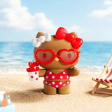 Hello Kitty summer beach blind box figure with red bow, heart glasses, holding drink