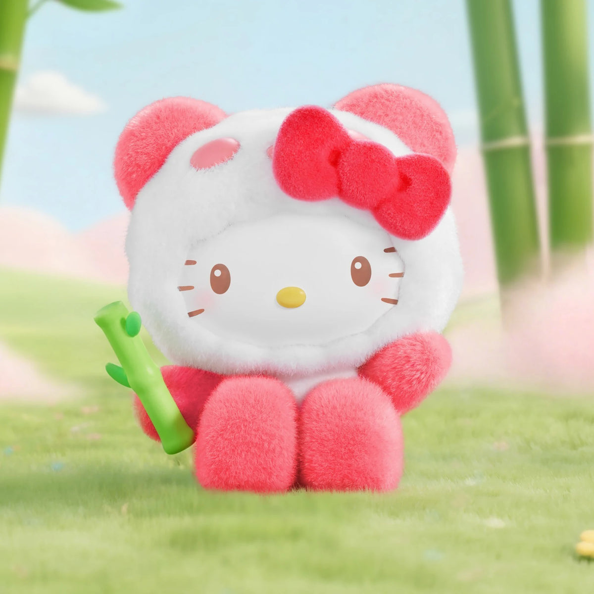 Flocked panda blind box figure with red ears and a green veggie prop