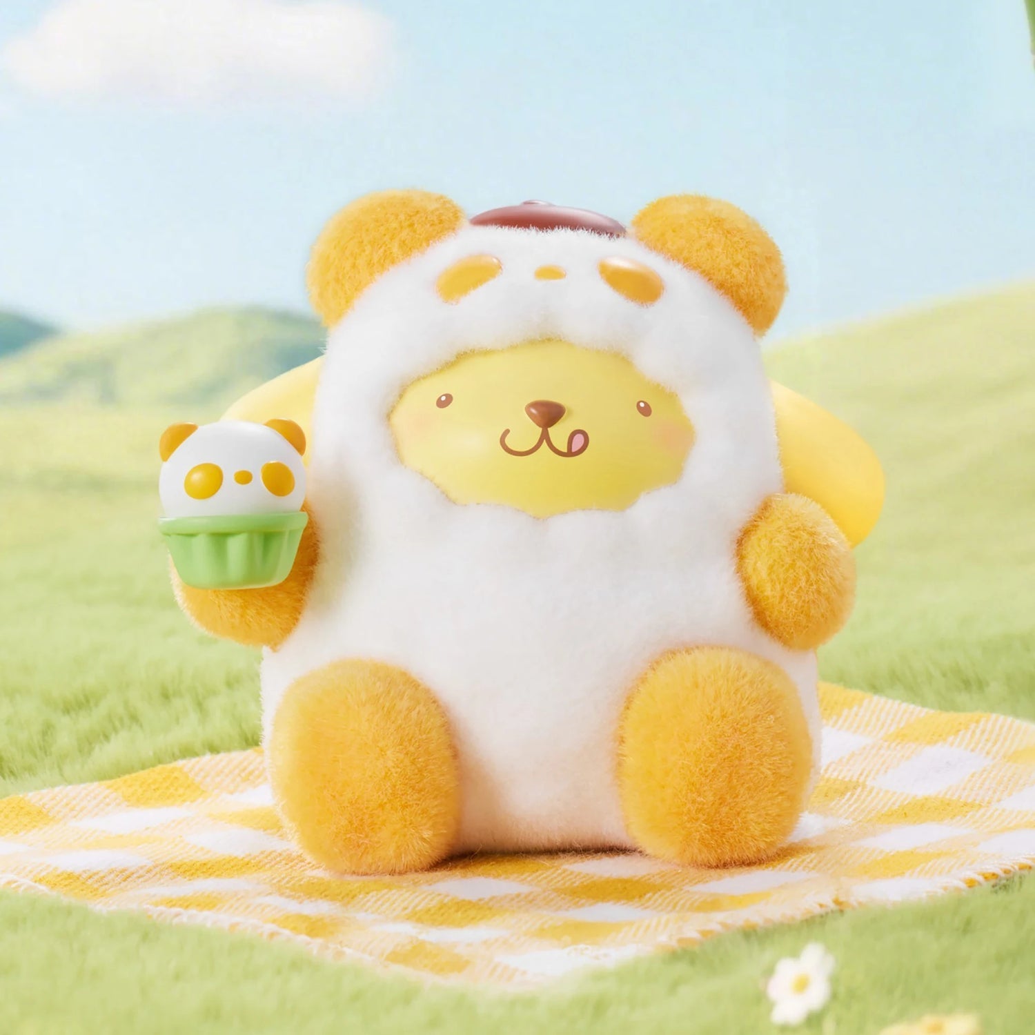 Flocked panda blind box figure with yellow ears and holding a green ice cream accessory