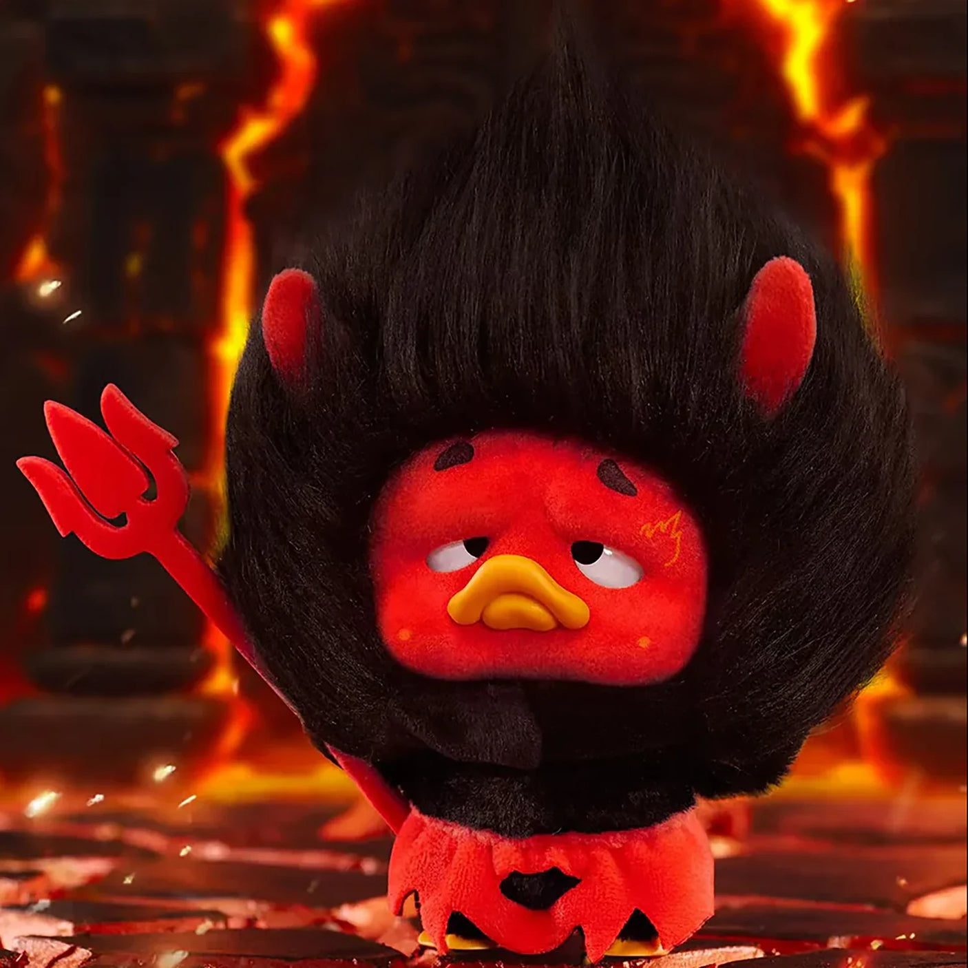 Upset Duck Blind Box - Colourful Player Plush Keychain showing red duck with large black hair, holding a red trident by Upset Duck